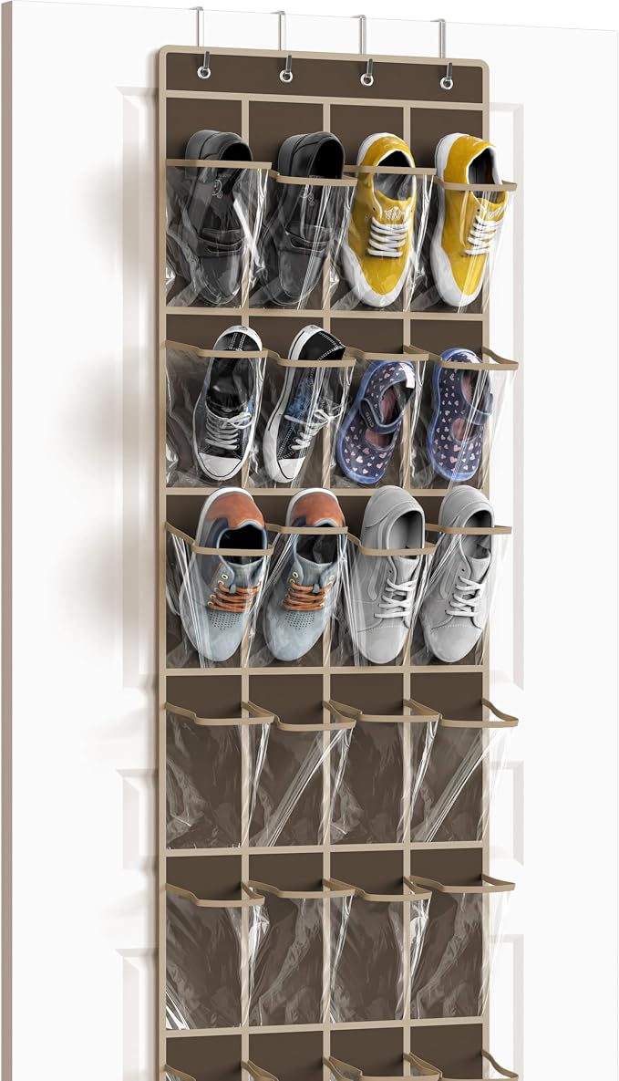 Simple Houseware 24 Pockets Clear Over the Door Shoe Organizer, Brown | 64" x 19", 4 Durable Metal Hooks, 4.3" x 9.5" Pocket Size, Multipurpose by SimpleHouseware