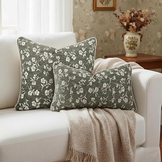 18x18 Chenille Jacquard Throw Pillow Cover, Olive Green Vintage Floral Cushion Case with Piped Edges, Decorative Accent for Sofa, Couch & Bed, 2 Pack - Image 5