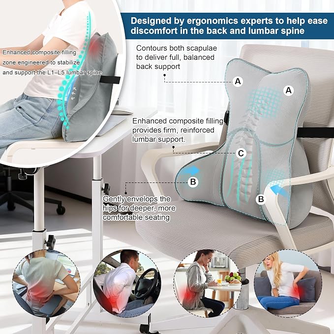 Lumbar Back Pillow (Pat. Pend), Supportive Back Cushion for Bed, Couch & Recliner, Ergonomic Lumbar Pillow with Customizable Firmness for Lower Back Pain Relief, Zinc Gray - Image 4