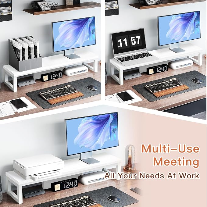 Dual Monitor Stand Riser, Large Computer Monitor Stand for 2 Monitors, Multi-Purpose Desk Organizers and Accessories, Wood and Steel Desk Shelf for Computer, Laptop, Printer, TV, White - Image 4