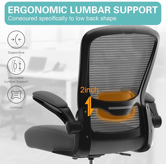 Mimoglad Office Chair, High Back Ergonomic Desk Chair with Adjustable Lumbar Support and Headrest, with flip-up Armrests for Guitar Playing, 5 Years Warranty (Modern, Dim Gray(Black Frame)) - Image 4