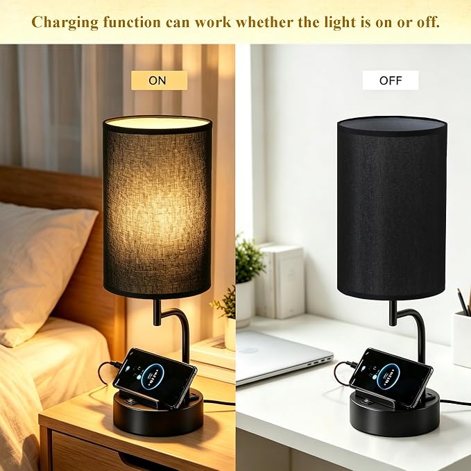 Dreamholder 2 Pack Table Lamp, Bedside Lamp with 3 USB Charging Ports & AC Outlet, USB Desk Lamp with 2 Phone Holders, Linen Fabric Shade Nightstand Lamps for Bedroom Living Room Office, Black Shade - Image 5