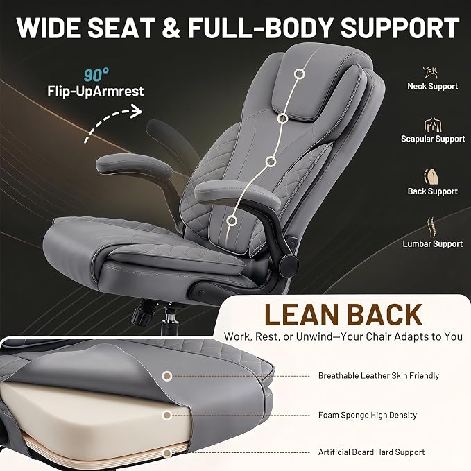 Ergonomic Office Chair, PU Leather High Back Executive Chair with Adjustable Inflatable Lumbar Support and Padded Flip-Up Arms, Recline Swivel Task Computer Chair for Home Office, Gray - Image 8