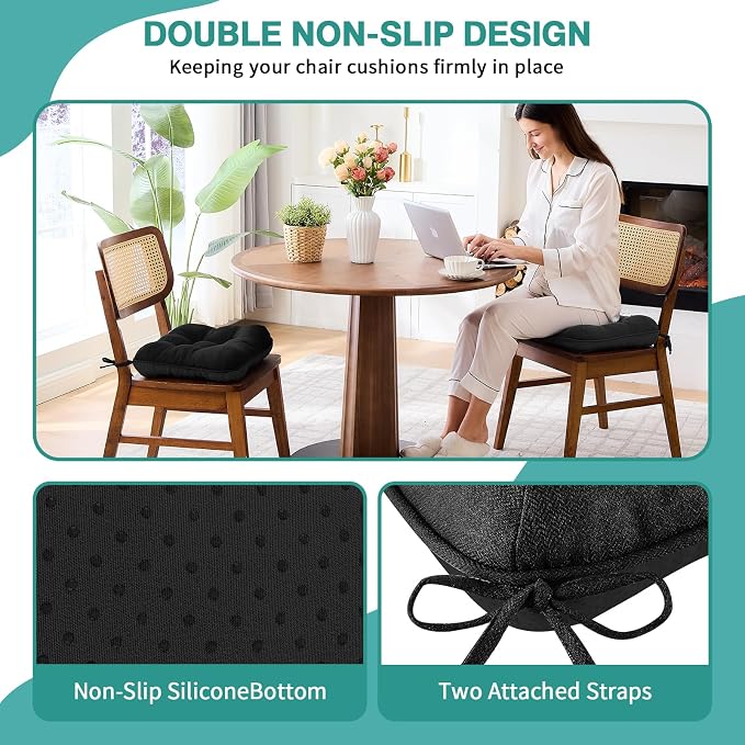 BETU Black Chair Cushions for Dining Chairs Set of 6,3.5" Thick Kitchen Table Chair Pads with Ties,Non Slip Backing and Covers,Seat Cushion for Dining Room,Bar,Patio Chairs,15.5"X15.5"X3.5",Black - Image 2