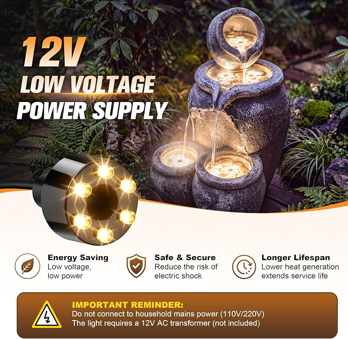 12V Submersible LED Fountain Light Ring, Warm White, 1 Pack | 6 LED Underwater Fountain Lights, 1/2" Water Hose Adapter, 59in Cable for Fountain, Waterfall & Water Features, w/o AC Plug - Image 5