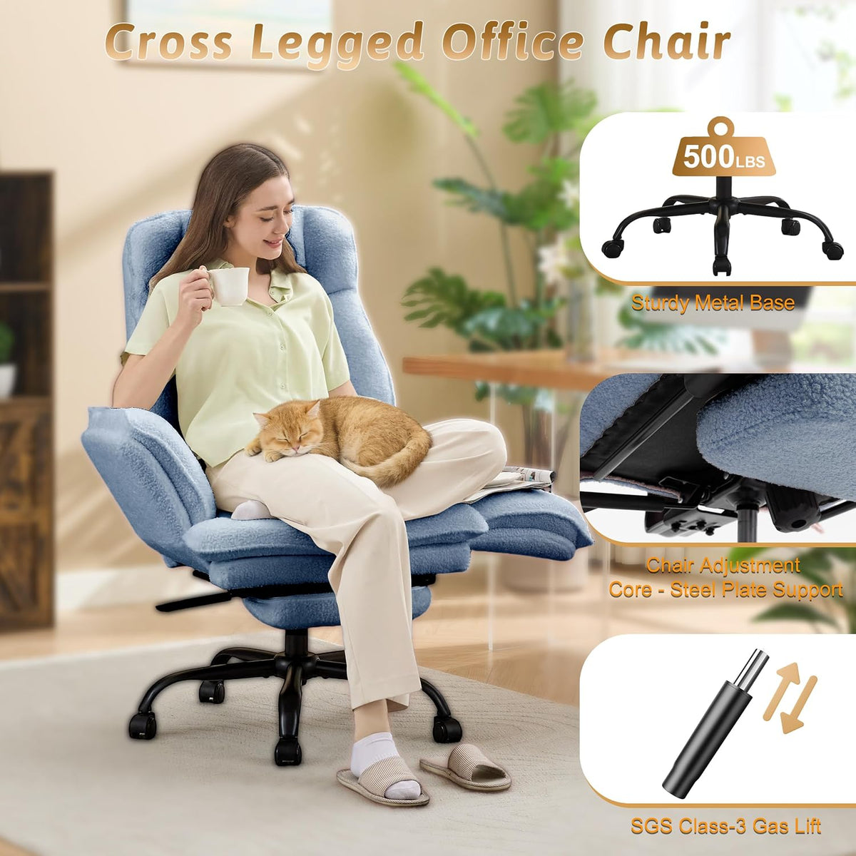 Wider Seat Office Chair with Flip Armrests for Criss Cross Legged&Cats, Big and Tall Executive Ergonomic Reclining Chair with Footrest&Lumbar Pillow, Teddy Fleece Desk Chair,Pink Vanity Chair - Image 3