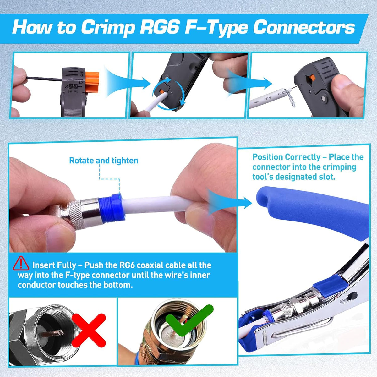 Coax Cable Crimper Kit for RG59 RG6, 3-in-1 Coaxial Tool Set, Includes Stripper & 20PCS F Connectors, Compatible with RG11/RG7, for Satellite TV, Home Theater & Network Cabling - Image 2