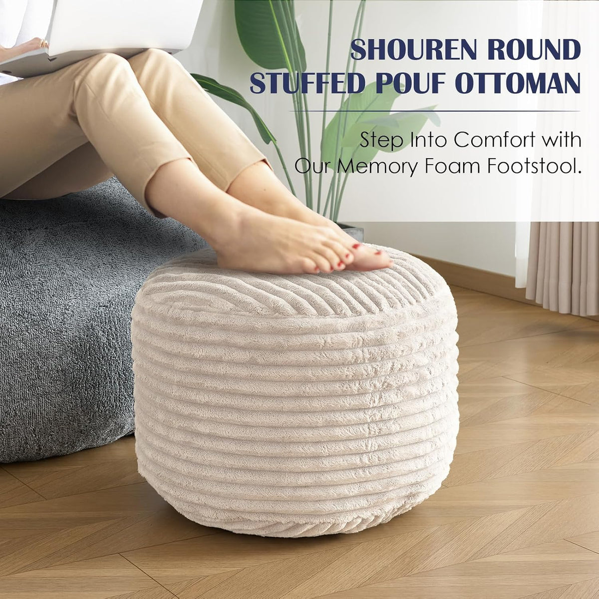 SHOUREN Stuffed Round Ottoman,Pouf Ottoman Foot Rest,20 X 15,Beige - Image 7