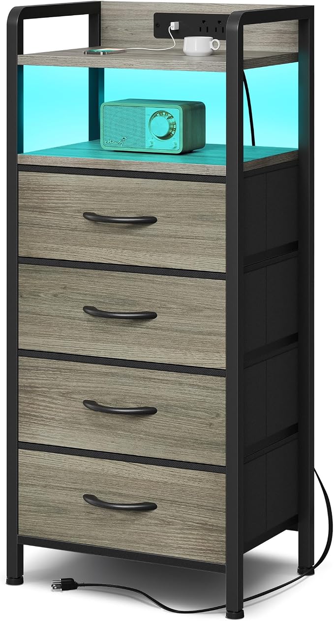 Lazzanto Nightstand with Rear Charging Station, LED Light, 4 Drawers, Grey | Industrial Nightstand, 2 USB-A Ports & AC Outlets, Raised Back Guard, Fabric Storage Drawers, Bedside Table for Bedroom, Dorm by Lazzanto