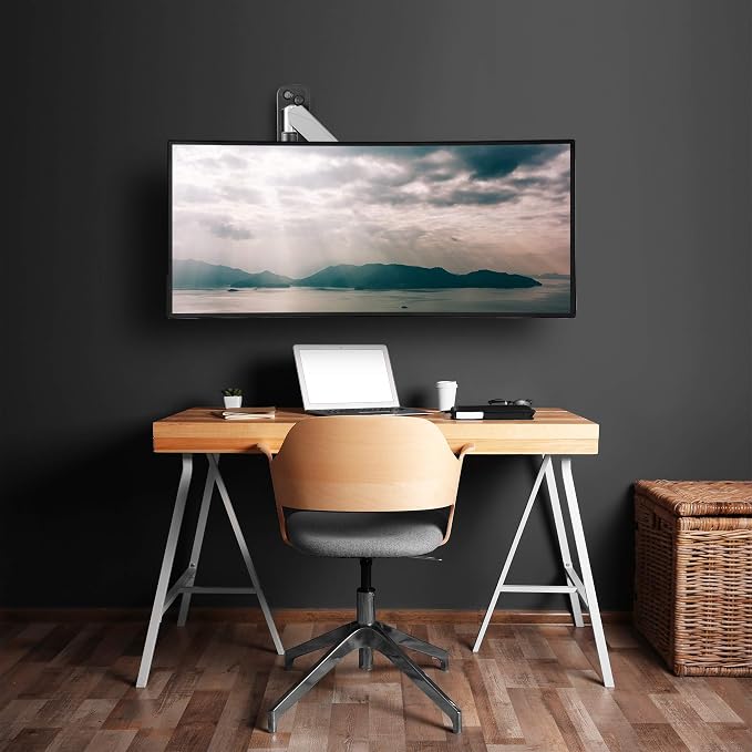AVLT Single Monitor Arm Wall Mount for 13-32" Screens, Full Motion - Silver | Supports flat/curved/ultrawide screens up to 19.8 lbs. Smooth gas spring control, 3-bolt wall plate and cable management - Image 2