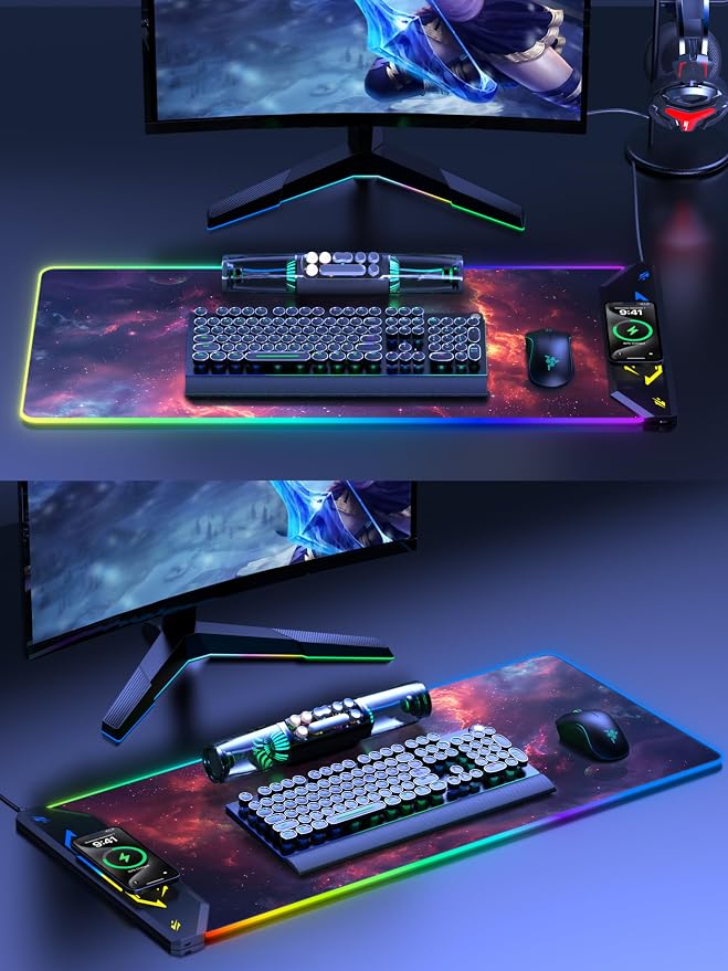 TopMade Wireless Charging Mouse Pad, RGB Gaming Mousepad, 35.4" x 15.8" Extra Large Waterproof Keyboard Desk Pad, Computer Desk Mat, Red Nebula (Includes 20W PD Power Adapter & 6.56ft Woven Cable) - Image 8