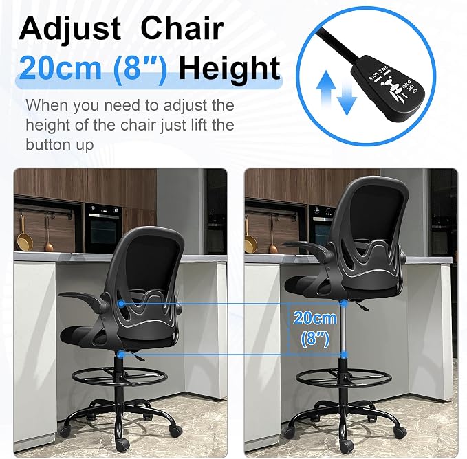 Drafting Chair Tall Office Chair with Flip-up Armrests Executive Ergonomic Computer Standing Desk Chair with Lumbar Support and Adjustable Footrest Ring (Black) - Image 9