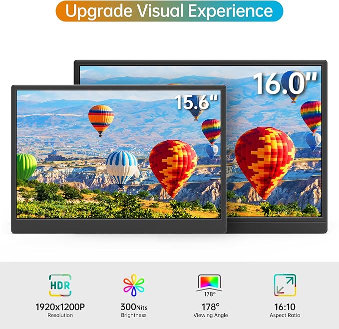 Portable Monitor 16.0inch FHD 1920 * 1200P USB C HDMI Ultra-Slim IPS Travel Display & Speakers, HDR Plug&Play, External Monitor for Laptop PC, Phone, Mac - Image 2
