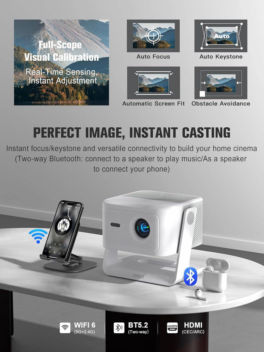 【Official Licensed Google TV】VOPLLS 4K Smart Outdoor Projector with WiFi and Bluetooth, VOPLLS Projectors with Dolby/Auto Focus, Portable Movie Phone Wireless Gaming Proyector for Bedroom (Upgrade) - Image 8
