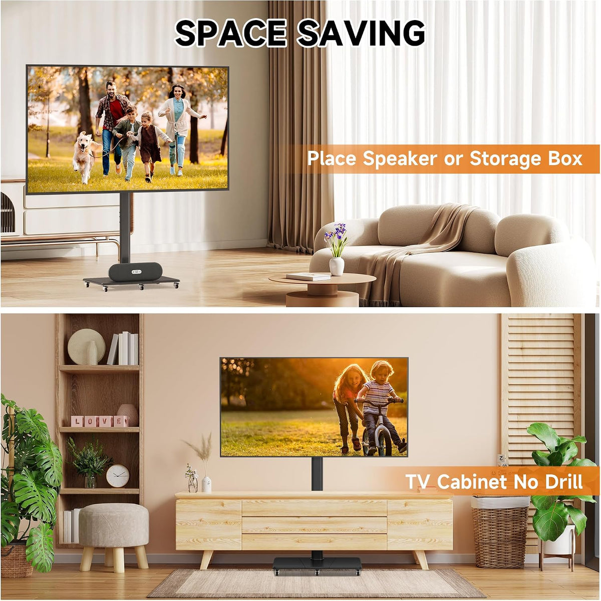 Tall Floor TV Stand for 32-75" TV Portable Rolling TV Cart with Wheels Height Adjustable with Wood Base, Holds up to 88 lbs, Max VESA 600x400mm TS005HB - Image 2