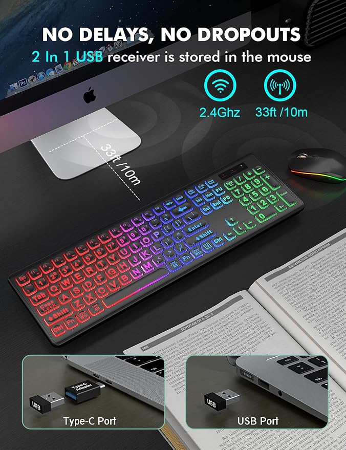 Wireless Keyboard and Mouse Combo with RGB Backlit, Rechargeable | Light Up Letters, Full-Size, Soft Typing, Sleep Mode, 2.4GHz Quiet Keyboard Set for Mac, Windows, Laptop, PC, Trueque KM42Pro - Image 6