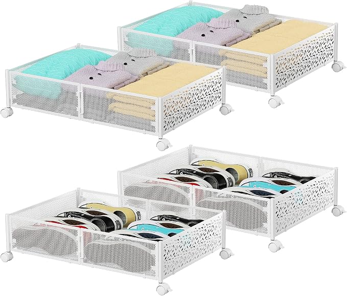 PHINOX Under Bed Storage with Wheels,Patterned,Sturdy Metal,4 Pack,White | Tool-free assembly, glide smoothly, easy reach, foldable, maxmazie low-profile beds, dorm, keep seasonal clothes, shoes fresh by PHINOX