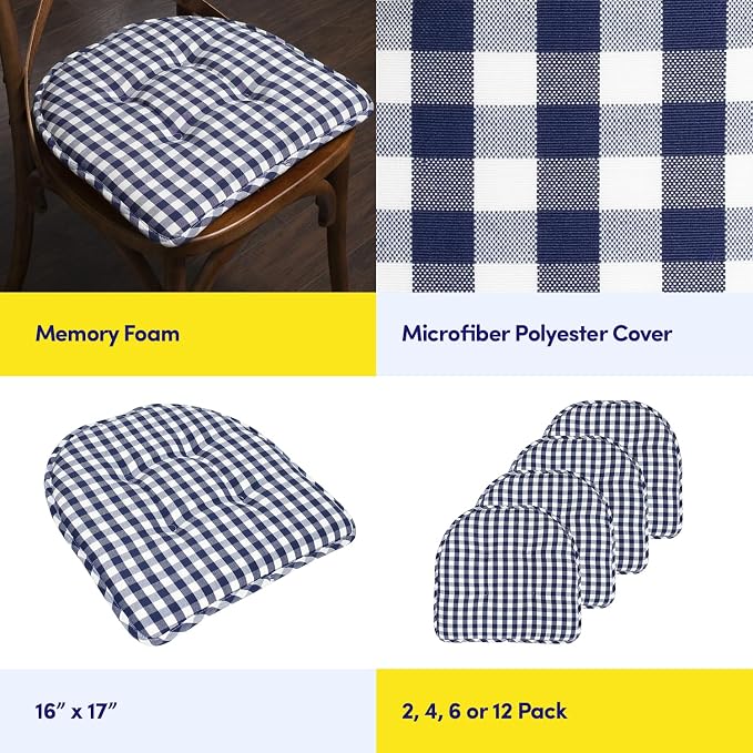 Sweet Home Collection Chair Cushion Memory Foam Pads Tufted Slip Non Skid Rubber Back U-Shaped 17" x 16" Seat Cover, 2 Count (Pack of 1), Checkered Navy/White - Image 6
