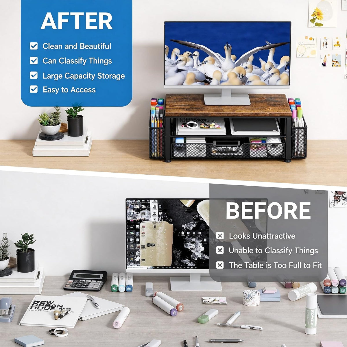 Desk Organizer, Monitor Stand Riser with Drawer and 2 Pen Holders - Image 5