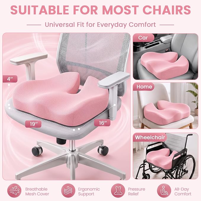 CJACSOC Seat Cushion, Extra Large Memory Foam Cushion for Office Chair Cushions, Ergonomic Cushions Pad Pillow for Pressure Relief Sciatica & Pain Relief for Long Sitting, Pink - Image 6