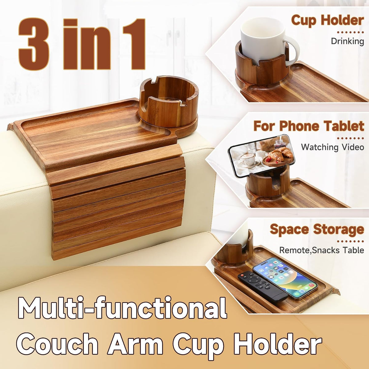 Couch Cup Holder Tray,Fit Sofa Armrests 6.3" and Wider,Acacia - Image 2