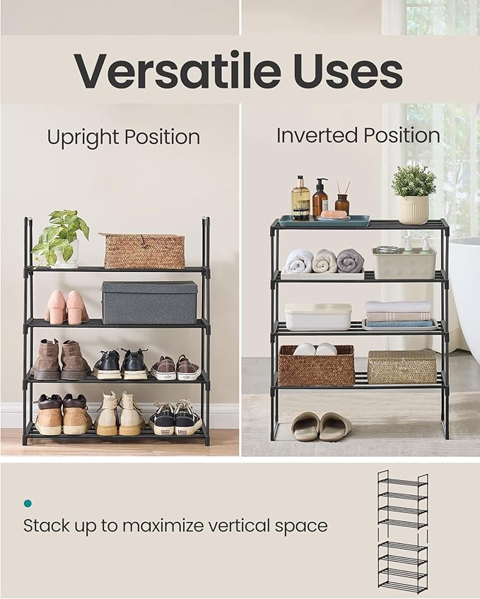 SONGMICS Shoe Rack, 4-Tier Shoe Organizer, Metal Storage Shelf | for Entryway, Upright or Upside Down, for 10-15 Pairs, Stackable, 11.8 x 26.8 x 28.9 Inches, Black ULSA204B01 - Image 4