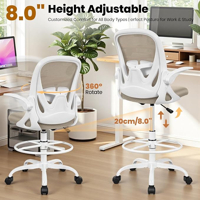 Drafting Chair Tall Office Chair with Flip-up Armrests Executive Ergonomic Computer Standing Desk Chair with Lumbar Support and Adjustable Footrest Ring（Khaki） - Image 7