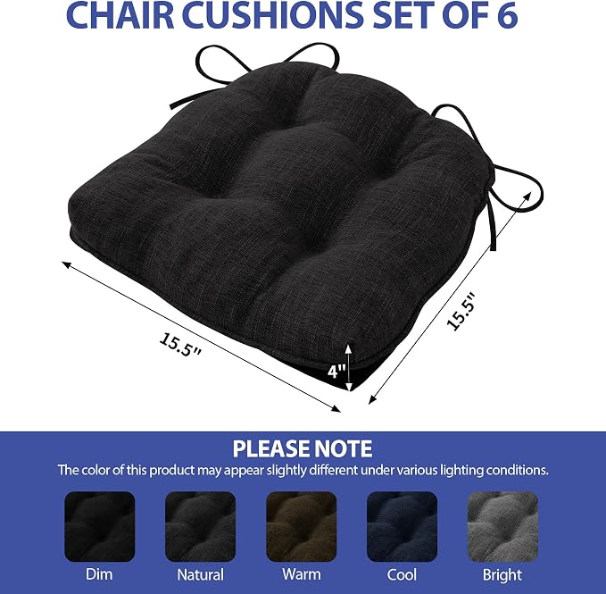 IPYNBAP Chair Cushions for Dining Chairs Set of 6, Kitchen Chair Cushions, Chair Pads with Ties and Non Slip Backing, Tufted Memory Foam Seat Cushion 6 Pack, 15.5" x 15.5" x 4", Black - Image 3