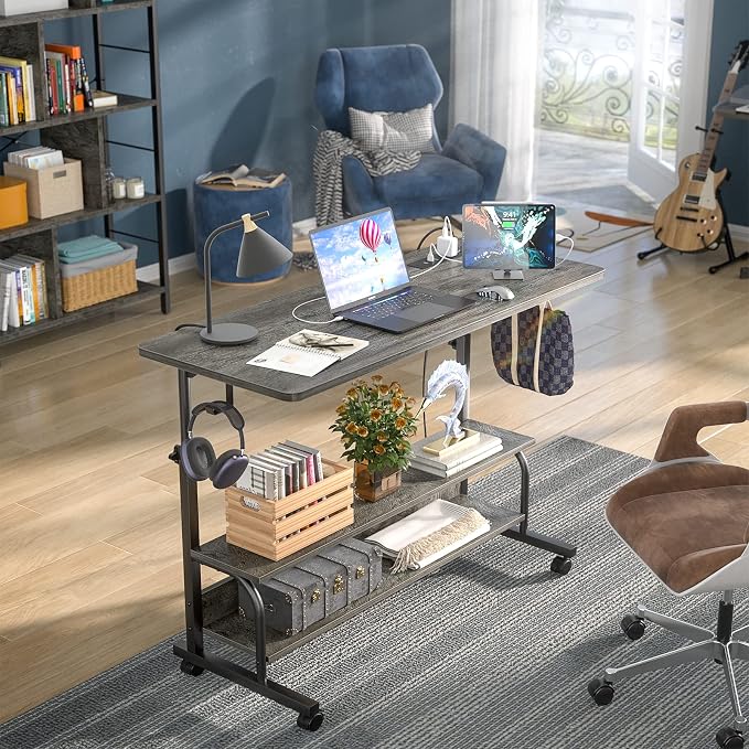 39" Rolling Standing Desk with Charging Station for Couch Bed | Height Adjust 27.5-41", 2 AC/3 USB, Mobile 4 Lockable Wheels, 2-tier Shelves Hook, Safe Corner Fast Assembly - Image 2