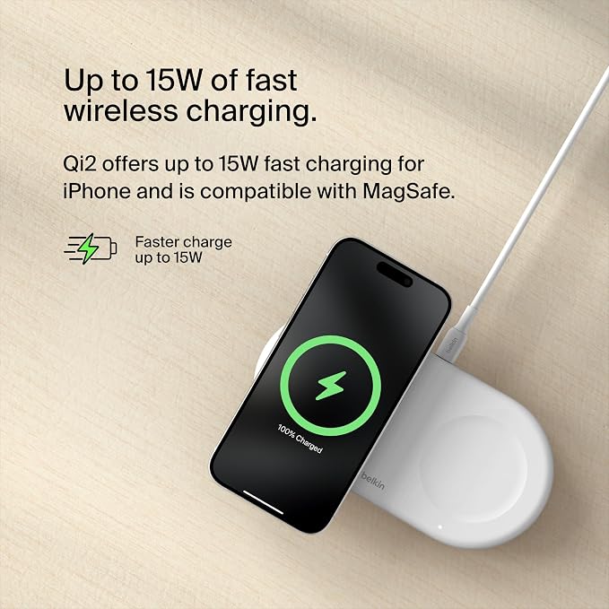 Belkin Qi2 15W 2 in 1 Wireless Charging Pad with USB-C Port | MagSafe compatible, iPhone 16/15 Series, Samsung Galaxy S25 Series, AirPods, extra USB-C port, Magnetic - Image 4