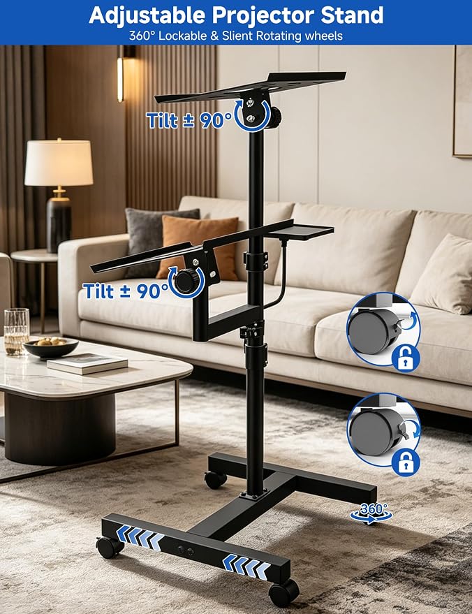 KOOV 2 Shelves Projector Stand, Max 47" Height Adjustable | Mobile Cart on Wheels, Projector Tripod Stand, Rolling Laptop Floor Stand, For Couch - Image 5