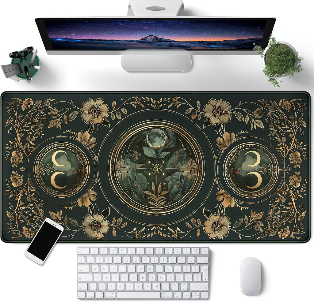 Celestial Art Nouveau Botanical Desk Mat Gold Moon Large Mouse Pad Emerald Vintage Big Gaming Mousepad 31.5''X15.7'' Plant Aesthetic Desk Pad XXL Extended Keyboard Mouse Mat Office Decor by CYZFF