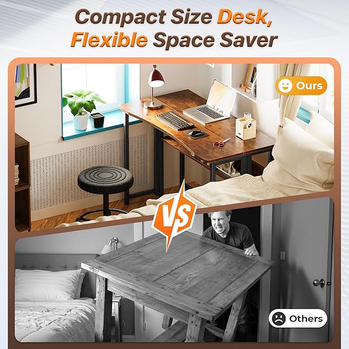 Huuger Folding Desk with Storage Shelf, 39.3 Inch Foldable Computer Table | Writing Work Office Computer Desk for Small Spaces, Space Saving Sofa Table for Couch, Easy to Fold, Rustic Brown - Image 3