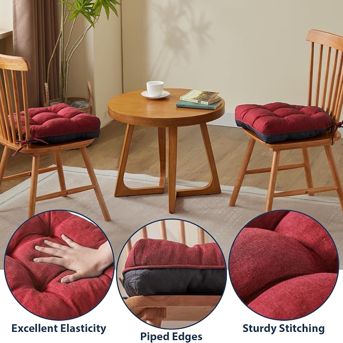 IASEAHK Chair Cushions for Dining Chairs, Seat Cushions for Kitchen Chairs, Indoor Seat Cushions with Ties, Tufted Foam Chair Pads, Non Slip Chair Cushions Set of 4, 15.5" x 15.5" x 4", Red - Image 5