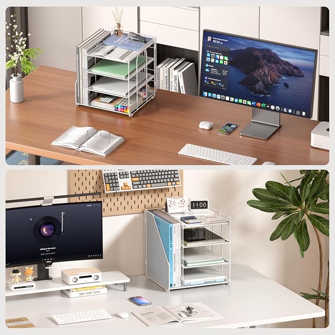 White Desk Organizer and Accessories, 4-Tier Paper Organizer for Desk, Office Accessories & Workspace Organizers and Desktop Storage for Office Supplies (White) - Image 3