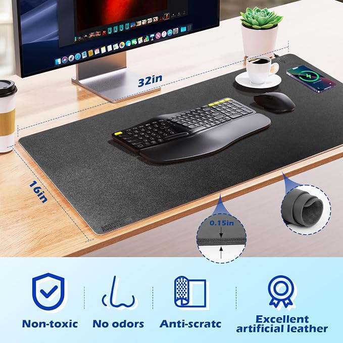Wireless Charging Desk Mat, Mouse Pad,Black-R, 32 * 16inch | Desk Pad for Desktop Charging, Large Mouse Pad, Waterproof Leather Computer Mat, Non-Slip Protector, For Keyboard and Mouse - Image 2