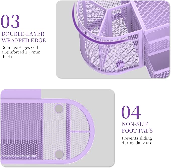 Mesh Desk Organizer, Pen Holder for Desk with 2 Drawers, Purple | Desk Organizers and Accessories with 8 Compartments and 2 Drawers, Pencil Holder for Desk for Small Office Supplies - Image 6