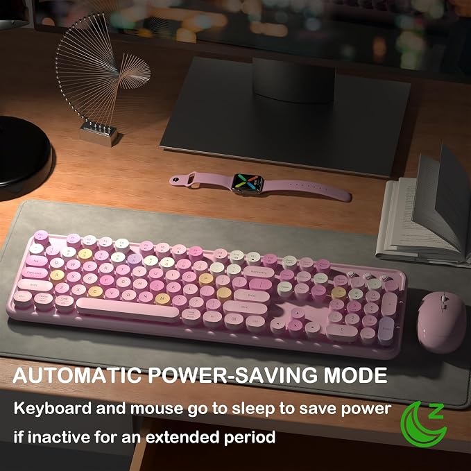 Links9+ Colorful Wireless Keyboard and Mouse Combo (Pink Colorful) | Full-Size Retro Typewriter Style Keyboard with Vintage Round Keycaps, 2.4G Wireless Set for Windows, Mac, Laptop, PC, Tablet - Image 2