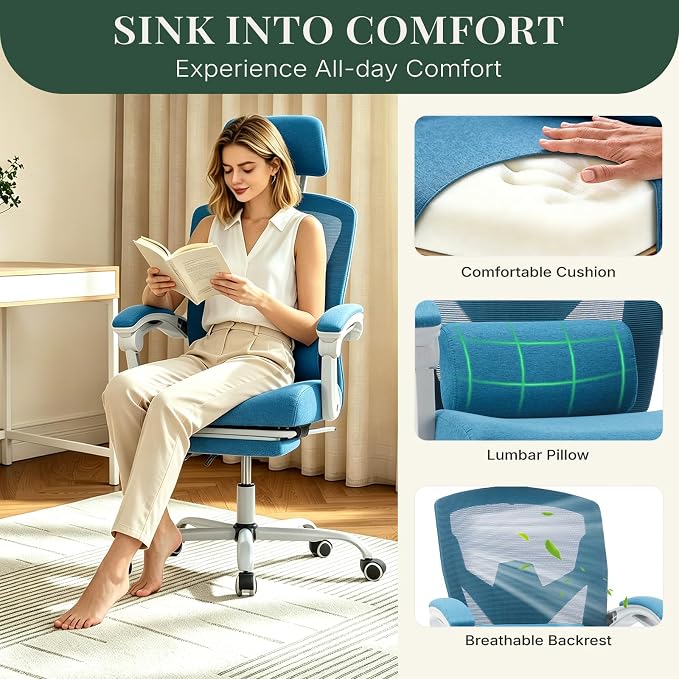 Ergonomic Office Chair with Footrest, Computer Gaming Chair | Adjustable Headrest, Lumbar Support, Swivel Reclining, Padded Armrest, Mesh High Back, Home Desk Work Study, Blue - Image 7