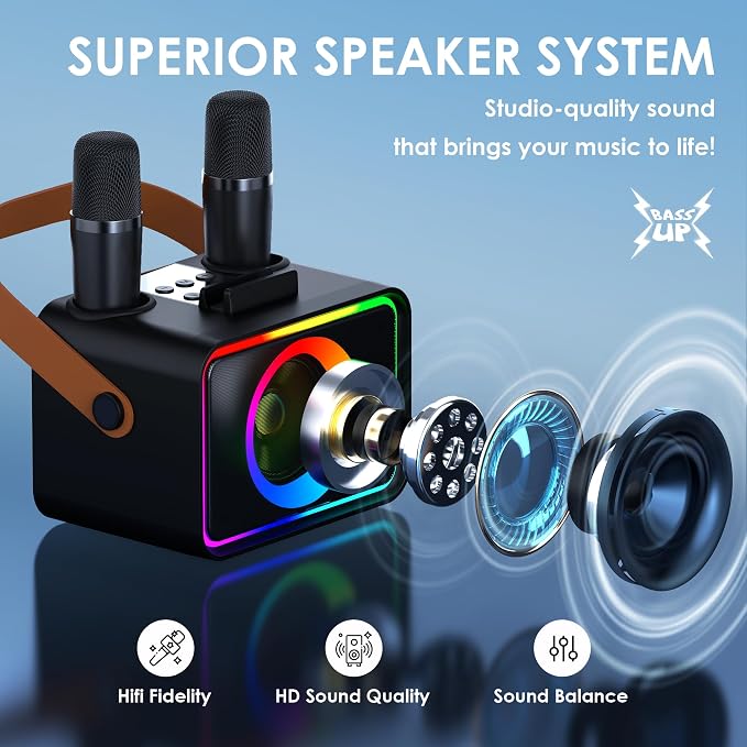 Karaoke Machine for Kids Adults,Portable Bluetooth Speaker with 2 Wireless Microphone with LED Lights, Karaoke Microphone with PA System Supports USB/TF/AUX,Gift for Party (Black) - Image 2