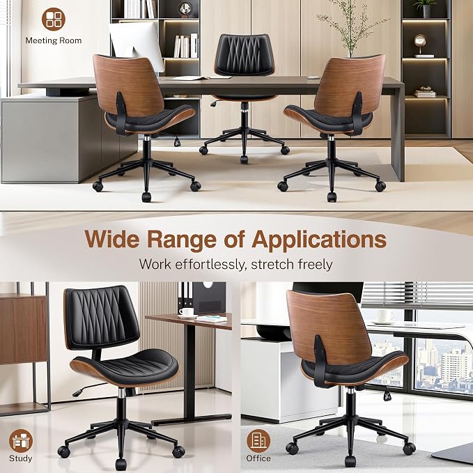Ergonomic Armless Office Desk Chair - Mid-Century Modern Black Faux Leather with Diamond Stitch, Adjustable Height Swivel Rolling Task Computer Chair with Walnut Accent for Home Office, Study & Work - Image 7