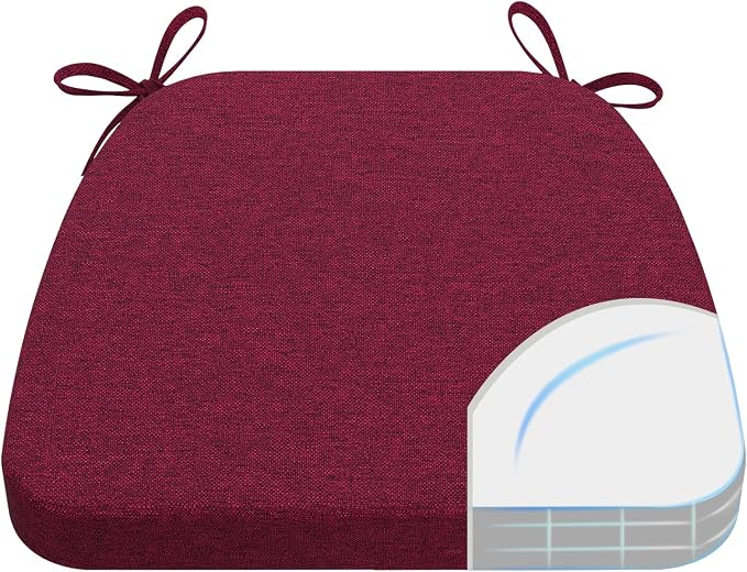 AAAAAcessories D-Shaped Chair Cushions, 2" Thick Dining Chair Pads with Ties and Removable, Machine-Washable Cover, 17" x 16", Wine Red by AAAAAcessories