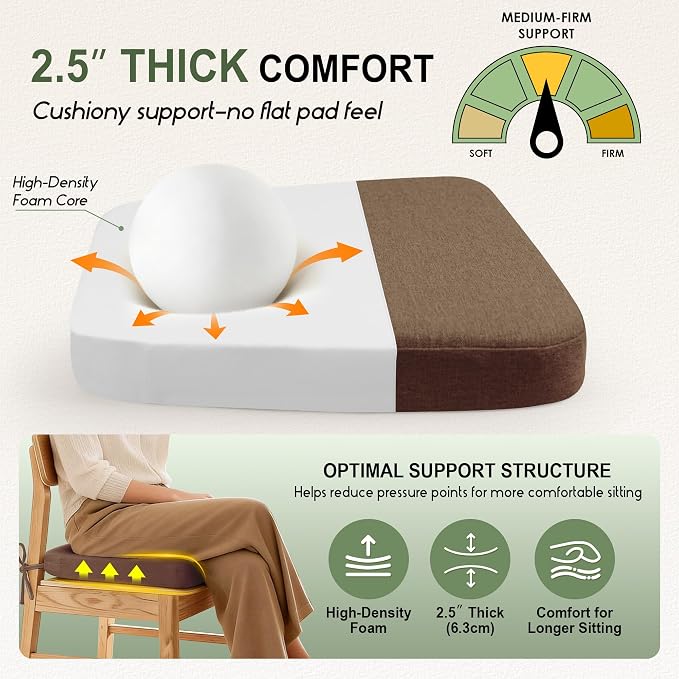 kingphenix Chair Cushions for Dining Chairs, Set of 4, 2.5 Inches Thick | High-Density Foam Kitchen Chair Cushions with Ties, Non-Slip Bottom and Removable Machine-Washable Covers, 17 x 16 in, Brown - Image 2