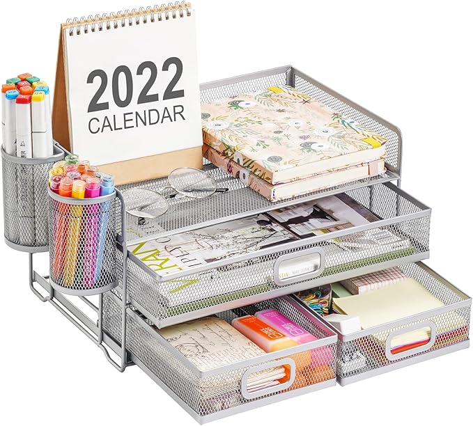 Marbrasse 3 Tier Mesh Desk Organizer with Drawer, Multi-Functional Desk Organizers and Accessories, Paper Letter Organizer with 2 Pen Holder for Home Office Supplies (Silver) by Marbrasse