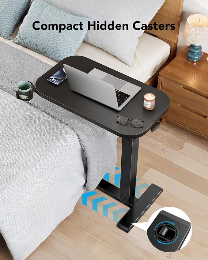 HUANUO 32Inch Bedside Table with Wheels, Height-Adjustable Rolling Computer Cart, Overbed Table with Cup Holder, Pneumatic Laptop Standing Desk for Home Office, Black - Image 6