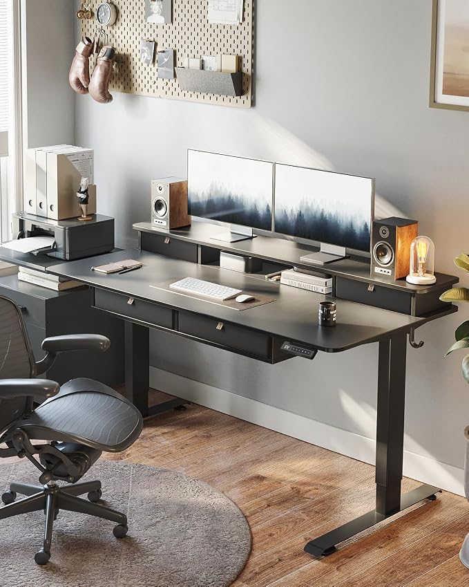 CubiCubi 60" x 30" Standing Electric Desk with Drawers, Black | Height Adjustable Workstation, Computer Sit Stand Up Office Table with Large Storage Shelf, 4 Drawers and 2 Hooks - Image 2