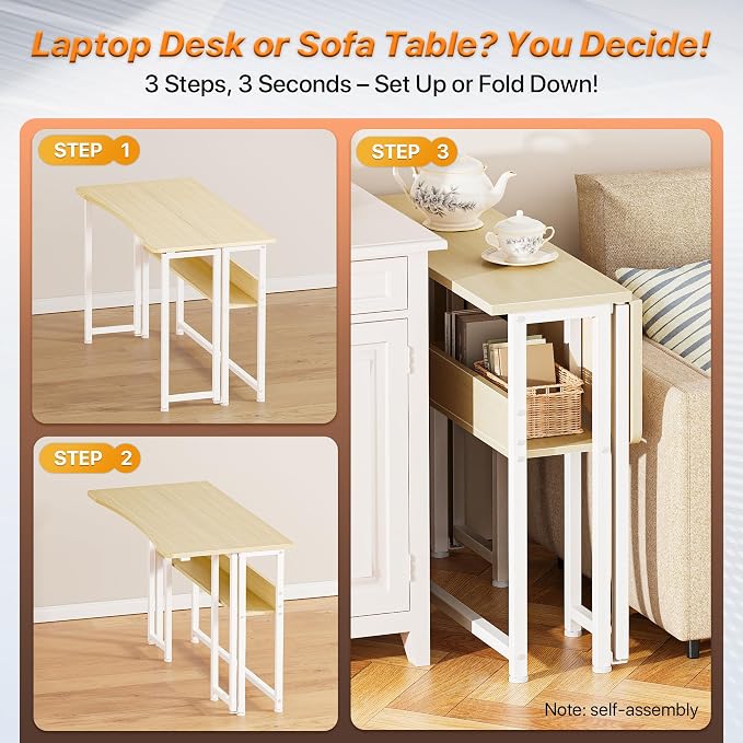 Huuger Folding Desk with Storage Shelf, 39.3 Inch Foldable Computer Table | Writing Work Office Computer Desk for Small Spaces, Space Saving Sofa Table for Couch, Easy to Fold, Oak - Image 4