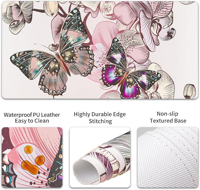 QIYI PU Leather Desk Mat Set, 4-in-1 Ergonomic Wrist Rest, Butterflies | Waterproof Large Mouse Pad 31.5×15.7 + Keyboard Wrist Rest + Mouse Wrist Support+Coaster, Non-Slip Office Gaming Accessories - Image 5