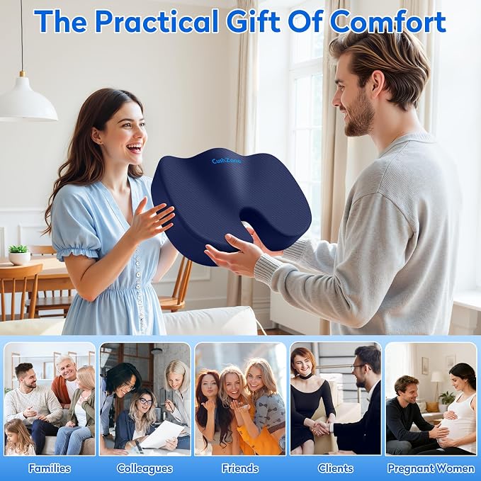 CushZone XL Memory Foam Seat Cushion for Office, Car & Wheelchair, Blue | U-shaped Coccyx Cutout, Contoured Design, Breathable Removable Mesh Cover, Non-Slip Base, Carry Handle - Image 6