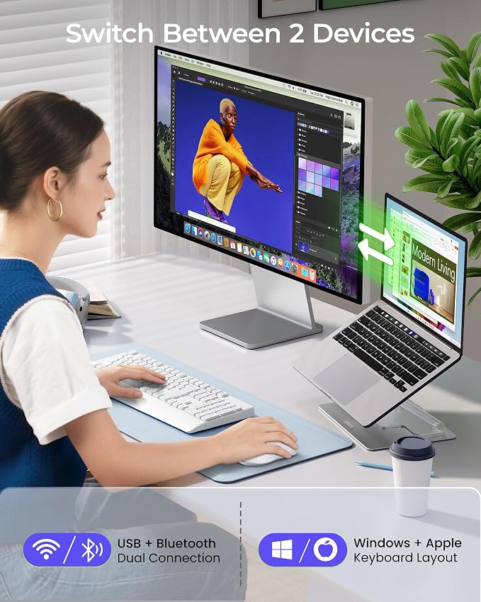 seenda COE200 Wireless Bluetooth Keyboard and Mouse Combo with Wrist Rest | USB/Bluetooth multi-device switching, quiet clicks, full-size ergonomic set for PC, laptop, Mac, and MacBook, White - Image 2